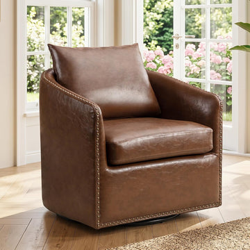 360 Degree Swivel Barrel Chair with Plump Back Pillow, Waterproof Oil Waxed PU Leather Swivel Armchair with Rivets