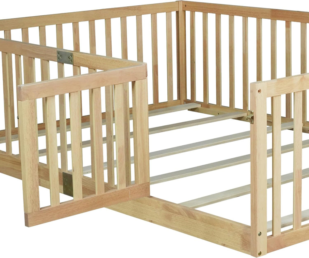 Kids Montessori Floor Bed Frame with Door and Slats, Solid Wood Floor Bed Frame with Slats and High Fence