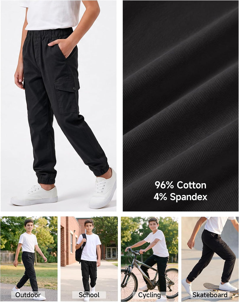 Boys Cotton Solid Color Elastic Waist Fall Winter Cargo Pants