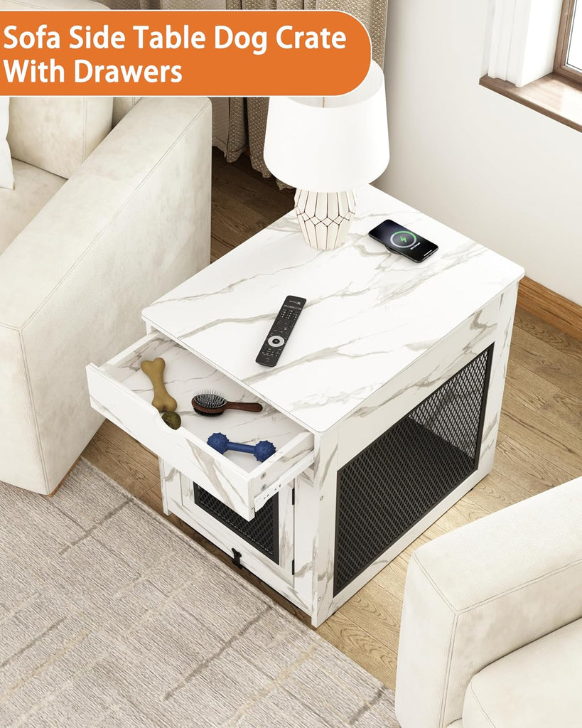Dog Crate Furniture, Wooden Dog Crate End Table with Storage Drawer&Cushion&Tray, QC3.0 Wireless Charging, Dual