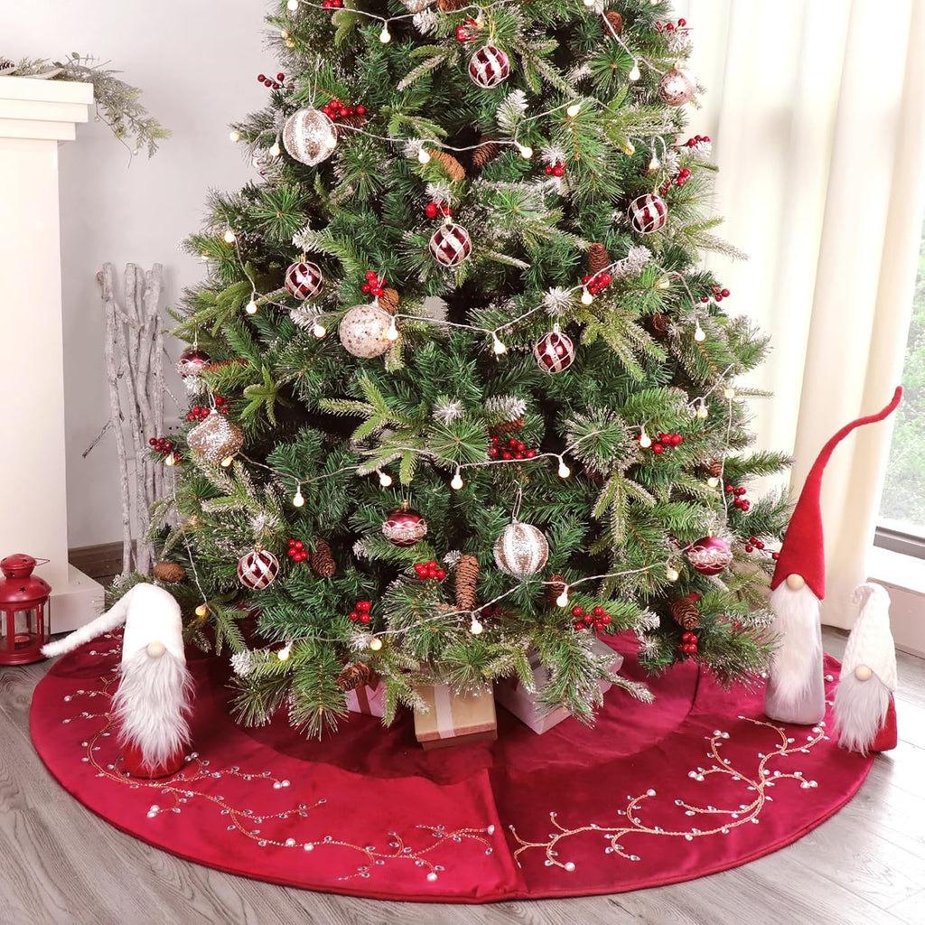 Christmas Tree Skirt, 60 inches Classic Large Velvet Fur Plush Red Tree Skirt, Baroque Tree Skirts with Gold
