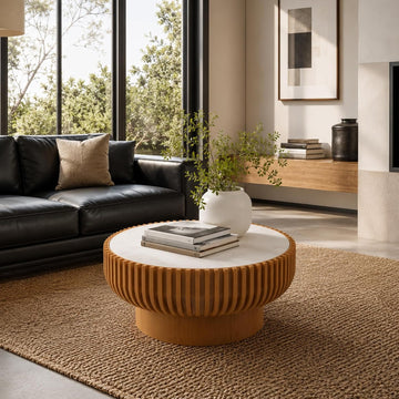 Modern Round Coffee Table, Faux Marble Sintered Stone Drum Table, Contemporary Center Table for Living Room, White Sto