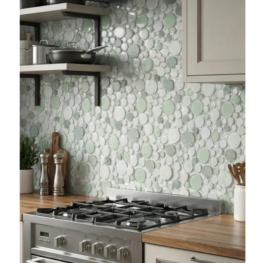 Snow Dove Glass and White Marble Bubbles Mosaic Tile 10.5 x 10.5 in - Frosted and Polished, Mesh-Mounted for