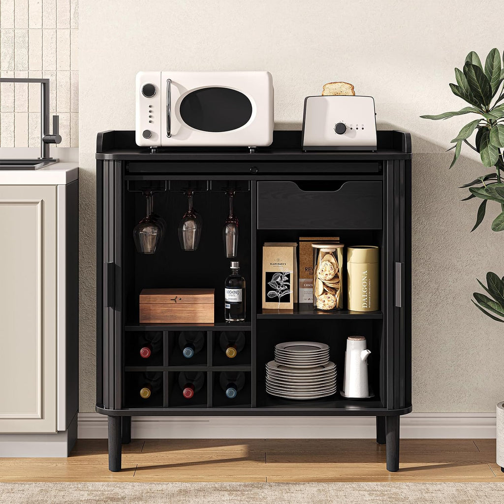 Fluted Bar Cabinet with Storgae, Wine Cabinet, 33" H, Black | Coffee Bar Cabinet, Liquor Cabinet, with Charging