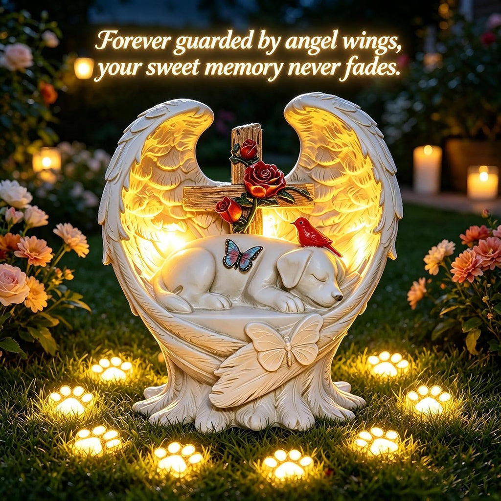 Dog Memorial Stone Solar Angel Wings Garden Statue 10inch