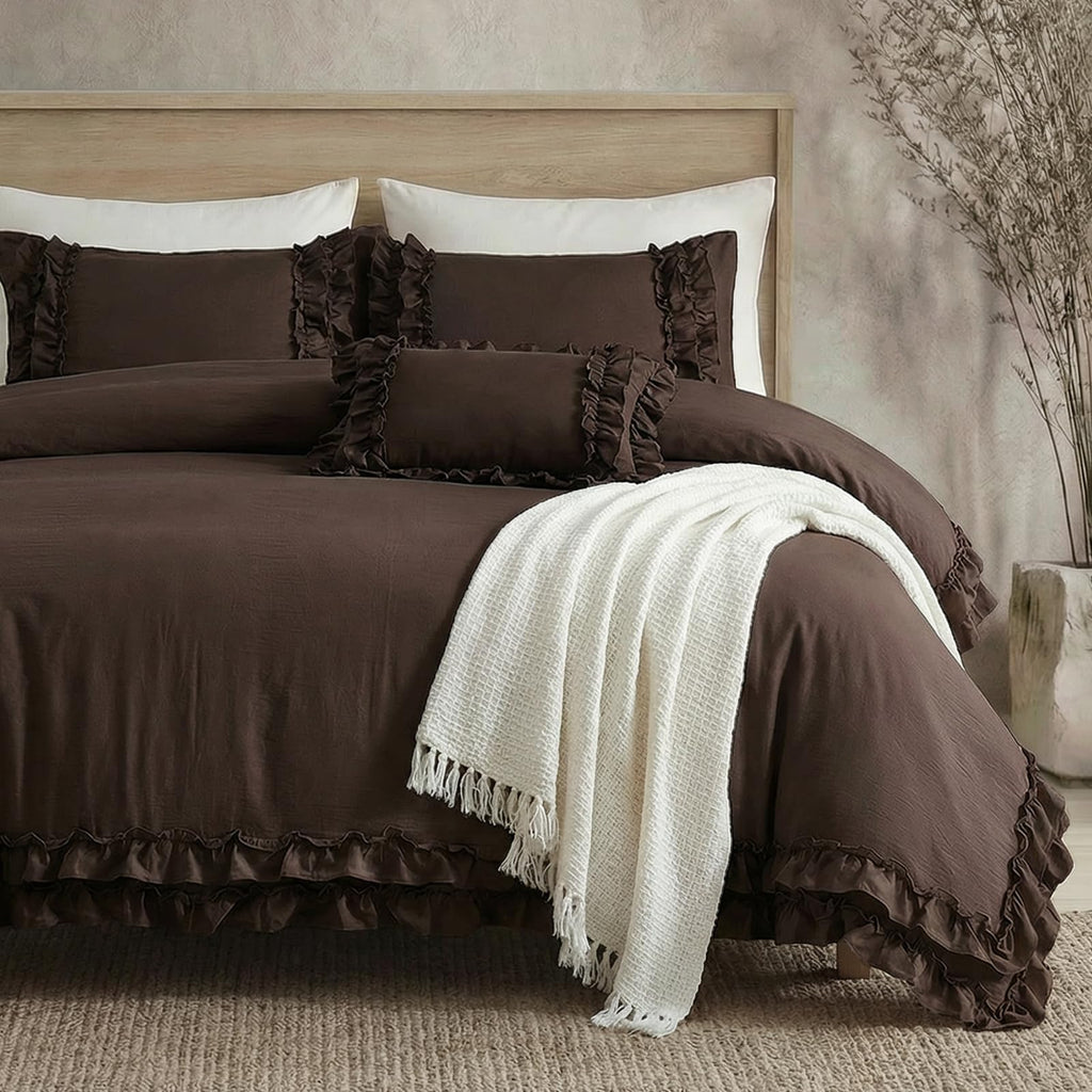 Dark Brown Duvet Cover Set Elegant Ruffled Bedding Queen Shabby Chic Lace Ruffle Boho Bedroom Decor Vintage Boho