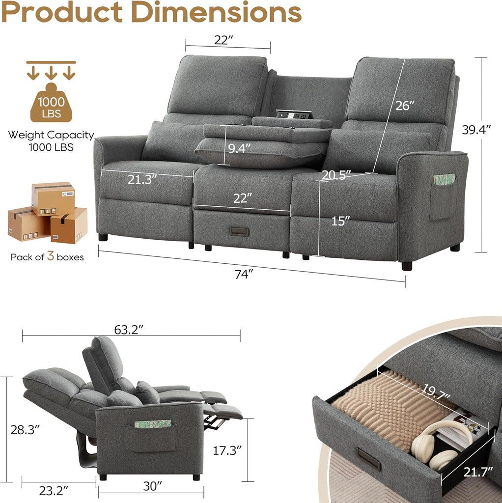74'' RV 3 Seater Recliner Sofa, Linen Fabric Three Camper Couch 3 Seater Recliner