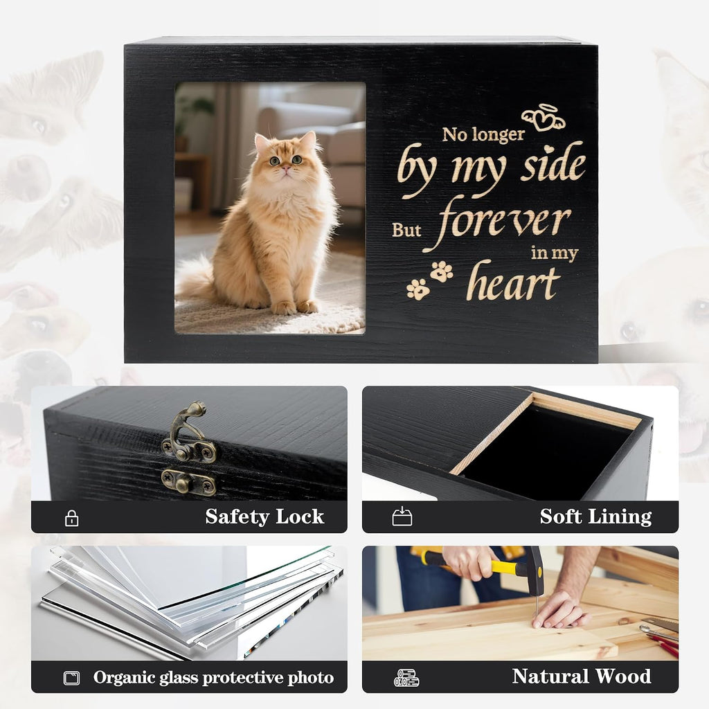 Pet Urns for Cats or Dogs Ashes with Photo Frame, Wooden Memory Box for Keepsakes with Black Flannel as Lining, Cat