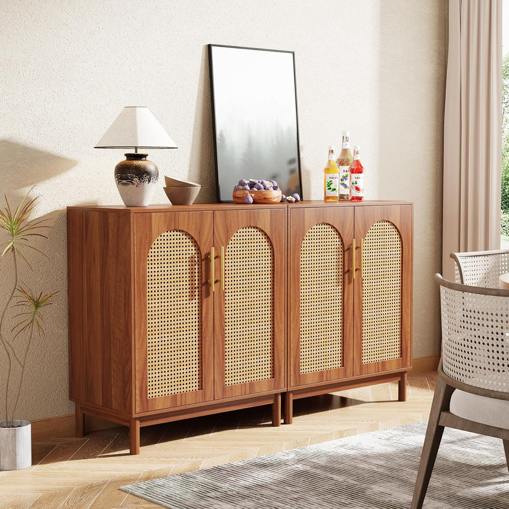 Set of 2 Rattan Sideboard Buffet with Storage, 59 Inch Accent Cabinet with Doors, Storage Cabinet , Caramel Brown
