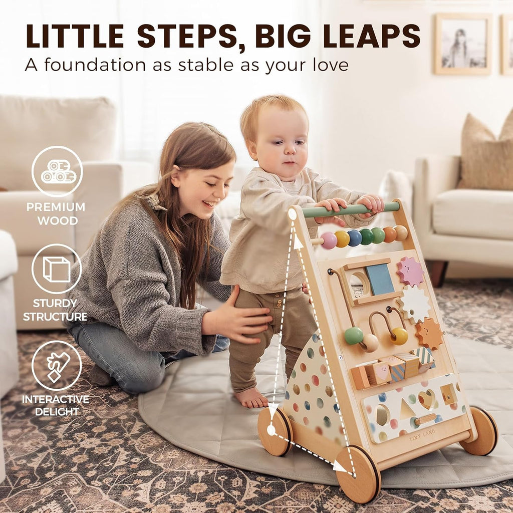 Land Wooden Baby Walker with Activity Center, Montessori Push Walker