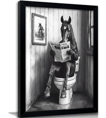 Framed, Funny Animal Bathroom Wall Art, Black and White Horse Reading Newspaper Canvas Wall Decor Whimsical Animal