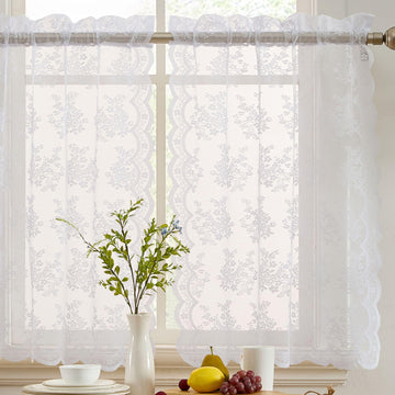 Jolene Floral Rod Pocket Cafe Lace Curtain Tiers, 28x36, White, Set of 2
