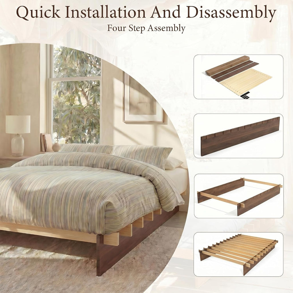 Wood Platform Bed Frame, Platform Bed Frame with Wooden Slats, 10 Min Tool Free Assembly, Japanese