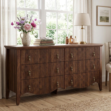 Walnut 6-Drawer Fluted Dresser, Wide Double Chest of Drawers