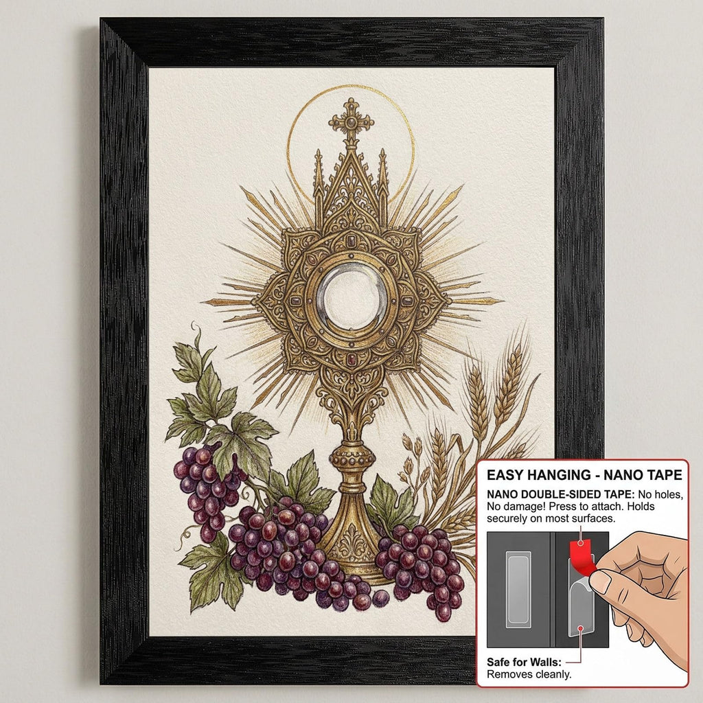 Framed Religious Wall Art - Sacred Monstrance and Eucharist with Grapes and Wheat - Devotional Catholic Decor in