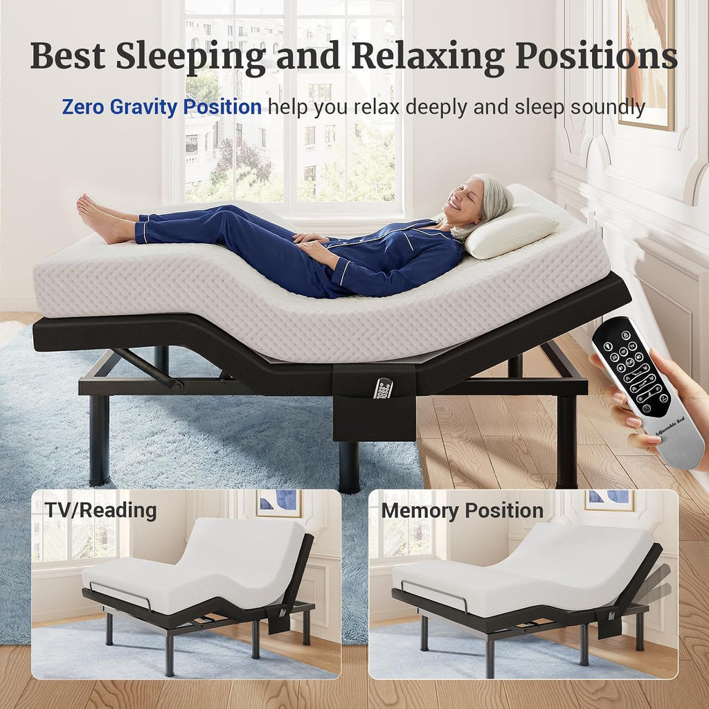 T600 Adjustable Bed Base with Massage & Remote, Ergonomic Adjustable Bed Frame Full Size with Head & Foot Incline
