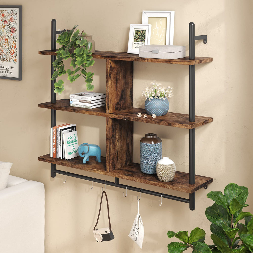 41.5" Floating Shelves for Wall 3 Tier Kitchen Shelves Wall Mounted Coffee Bar Shelf Hanging Shelf with 8 Hooks