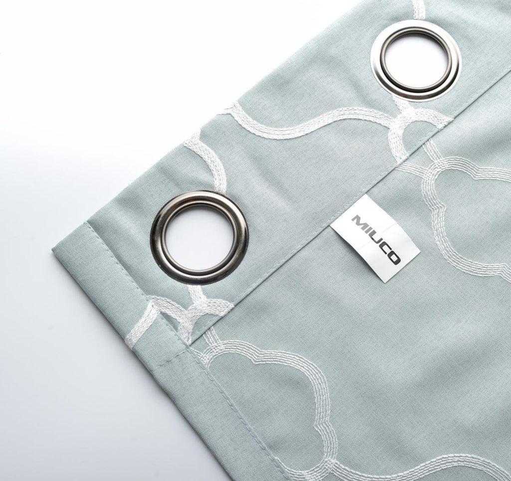 Moroccan Embroidery Semi Sheer Curtains Faux Linen Grommet Curtains 52 x 84 Inch 2 Panels Set, Sea Foam