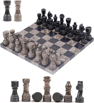 Marble Chess Set 12 Inch Oceanic and Black Luxury Decorative Chess Board Game with 32 Chess Pieces & 2 Extra Queens - Set of 34