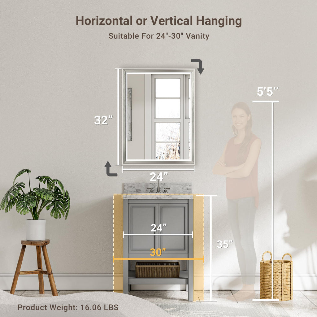 Brushed Nickel Bathroom Mirror, 24x32 Inch Beveled Framed Bathroom Mirror Anti-Rust, Brushed Nickel Metal Frame