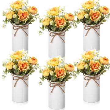 6 Sets Wedding Centerpiece for Table Decoration Yellow Artificial Fake Rose Flower with Metal Vase Faux Silk Rose