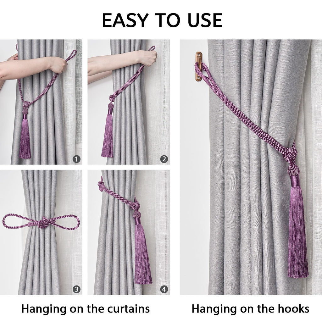 Long Tassel Curtain Tiebacks Handmade Braided Rope Knot Drape Tie Backs European Style Decorative Curtain - 2 Pack