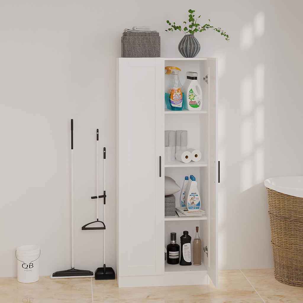 Wooden Storage Cabinet, Narrow Pantry Cabinets Free Standing Tall Storage Cabinet with 2 Doors and Shelves (White)