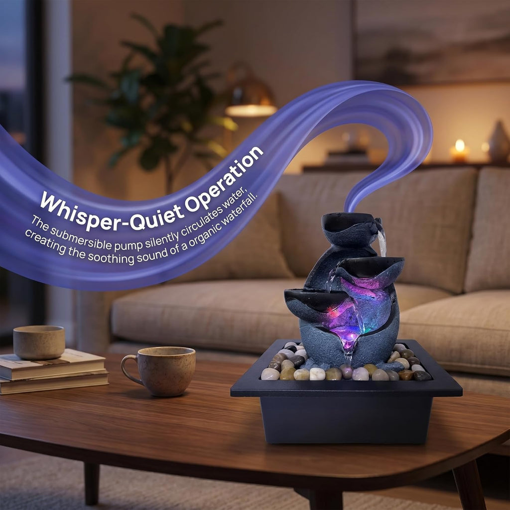 Tabletop Water Fountain with LED Lights, Indoor Resin Waterfall Fountain for Desk Office Home Decor, Zen Meditation