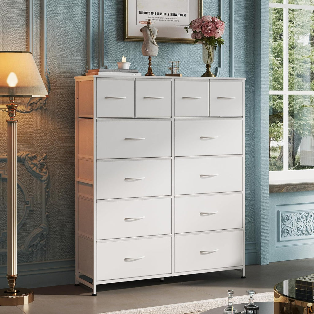 12 Drawer Tall White Fabric Dresser Bedroom Storage Chest | White tall 12-drawer fabric dresser with wood top