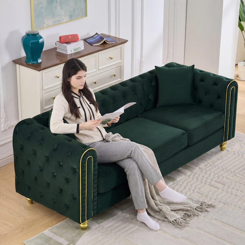 Chesterfield Button Tufted Sofa, Modern 3 Deep Seater Couch, Upholstered Comfy Sofa with 2 Pillows, Green