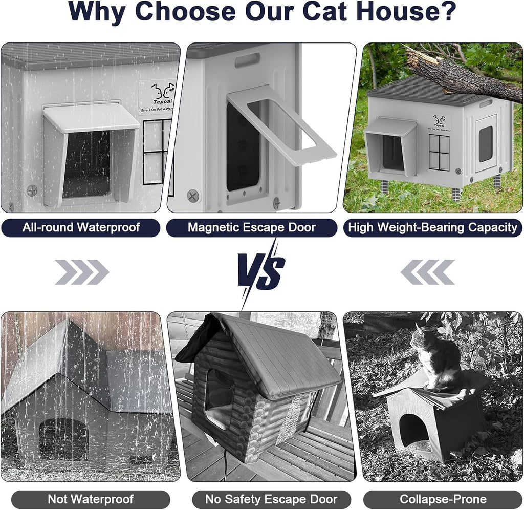 17.7"x17"x17.5" Indestructible Heated Cat House for Outside Winter, Weatherproof Outside Cats Shelter with Safety