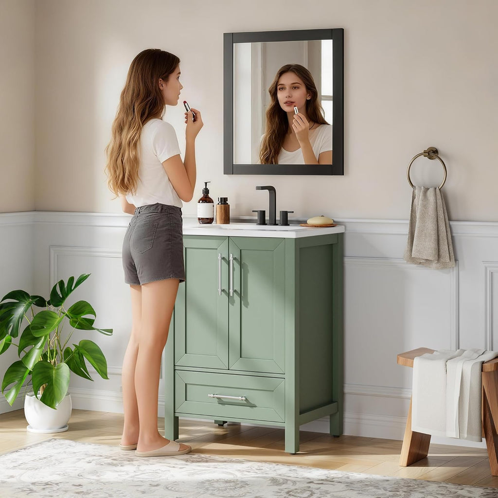24" Light Green Freestanding Bathroom Vanity with Sink - Wooden Cabinet with Soft-Close Door