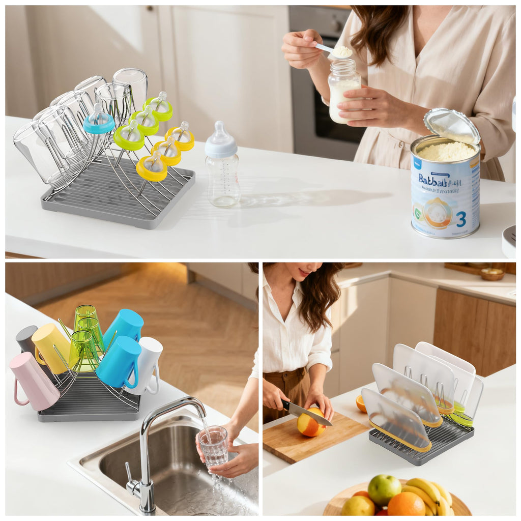 Baby Bottle Drying Rack, Space Saving Bottle Drying Tree Rack with Drainboard for Cups, Mugs and Glass, Sports