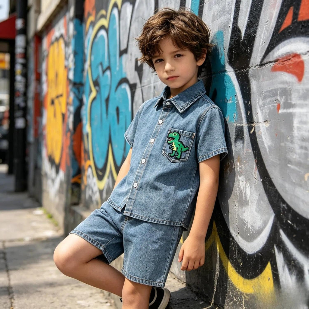 Klyatpxen 2Pcs Toddler Boys Denim Outfit Short Sleeve Button Up Jean Jacket Denim Shorts Summer Spring Clothing Set