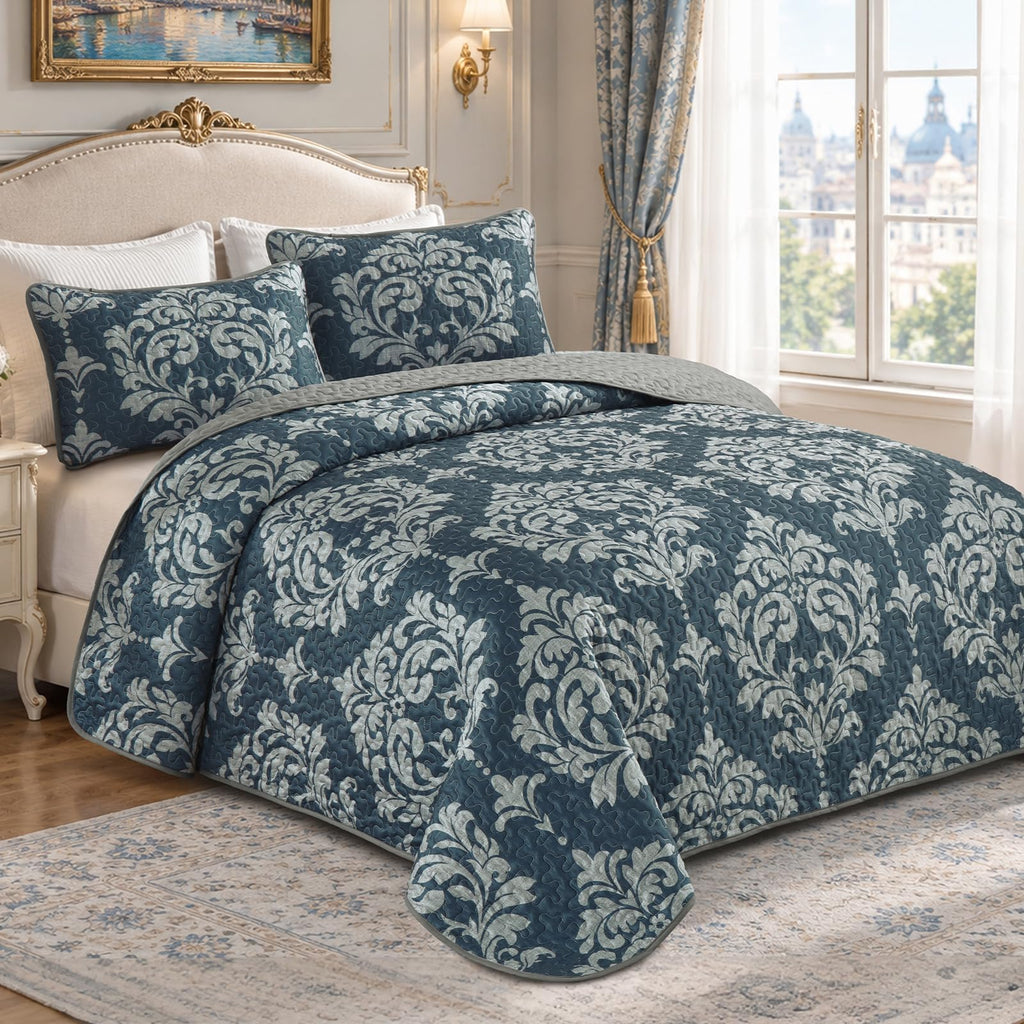 Quilt Bedding Set Navy Damask Bedspread Coverlet 3-Piece