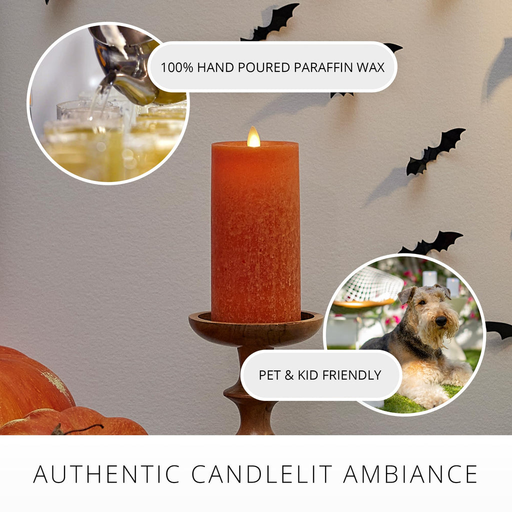 Sea Glass Flameless Candle, Harvest Pumpkin 3" x 6.5", Moving LED Flame Pillar with Timer, Battery Operated, Real