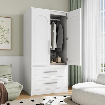 Wooden Armoire Wardrobe Closet with 2 Doors and 2 Drawers, Bedroom Freestanding Armoire Storage Cabinet with