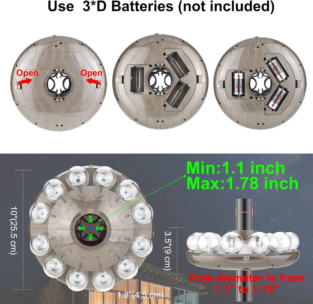 Umbrella Lights Battery Operated,12 Color Changing Outdoor Patio Umbrella Light for Pole with 80Ft Remote,12 Clear Bulb