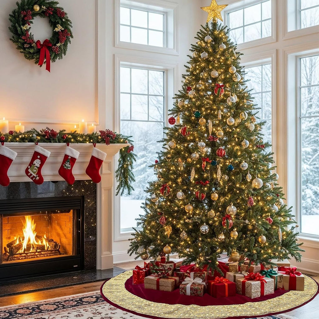 72 inch Christmas Tree Skirt, Extra Large Velvet Red Tree Skirt with Gold Glitter Trim, Rustic Vintage Xmas Tree