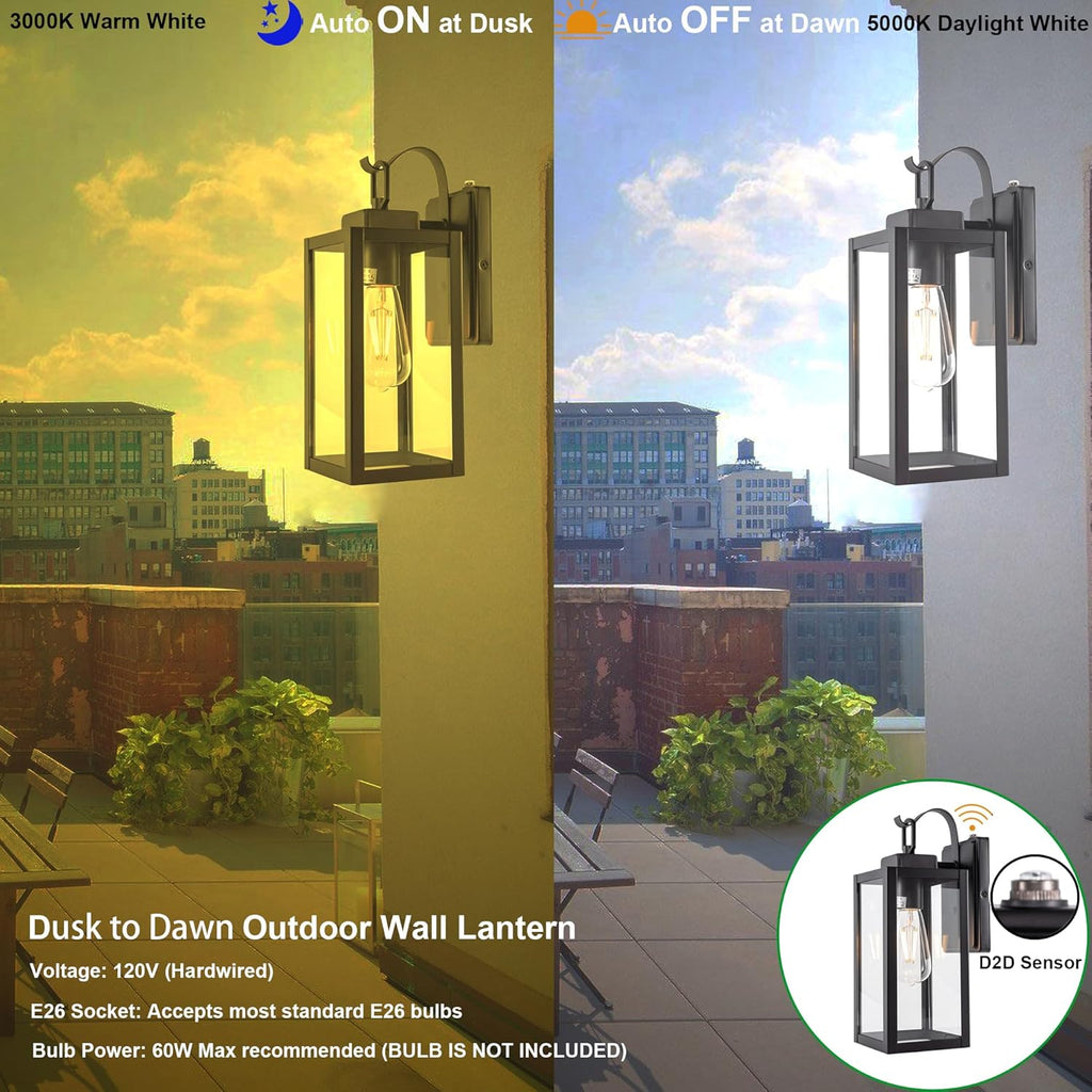 Dusk to Dawn Outdoor Wall Lantern, Wall Sconce for Porch Lighting Fixture, E26 Base Max 60W, Metal Housing Plus Glass