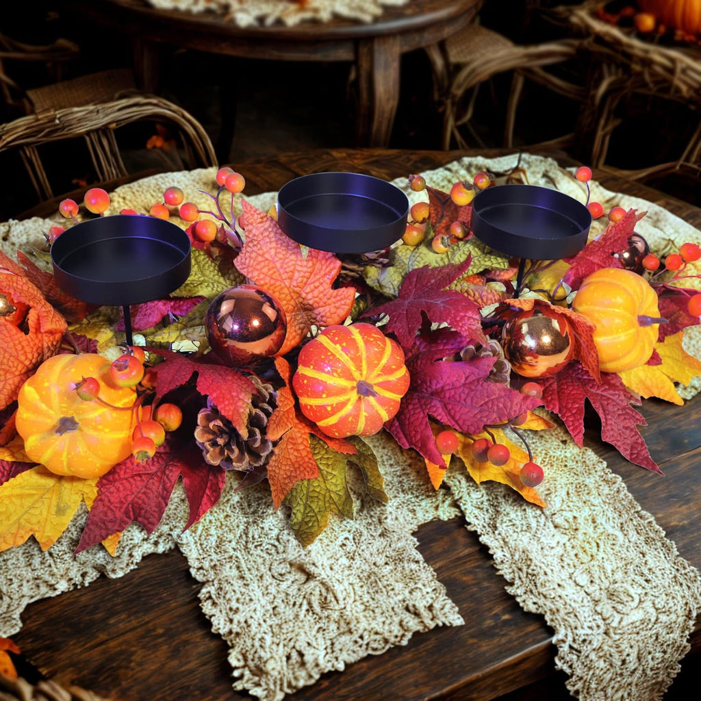 Fall Candle Holder Centerpiece for Table - Thanksgiving Table Decor with Pumpkins, Maple Leaves,Autumn Harvest