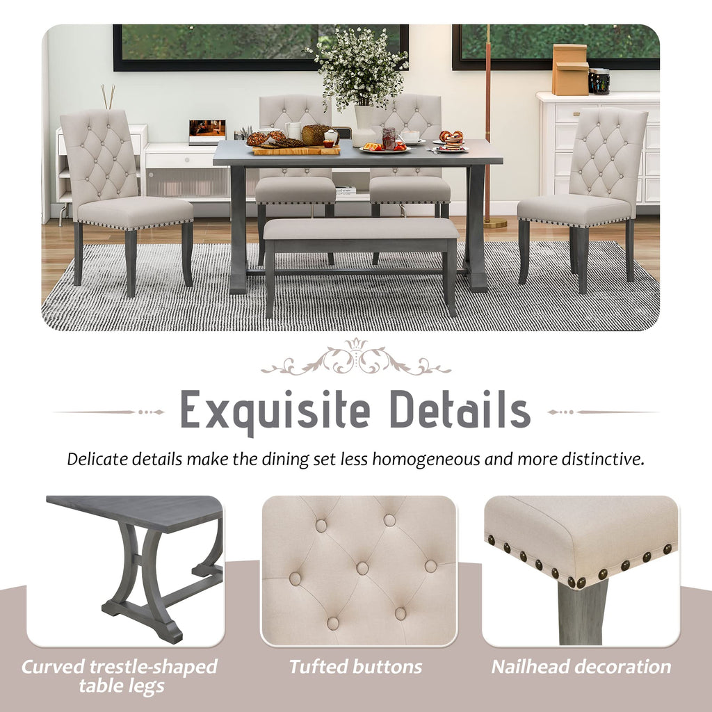 6-Piece Dining Table Set with Bench for 6 Rectangular Kitchen Table Set with 4 Chairs Retro Dining Room Table and