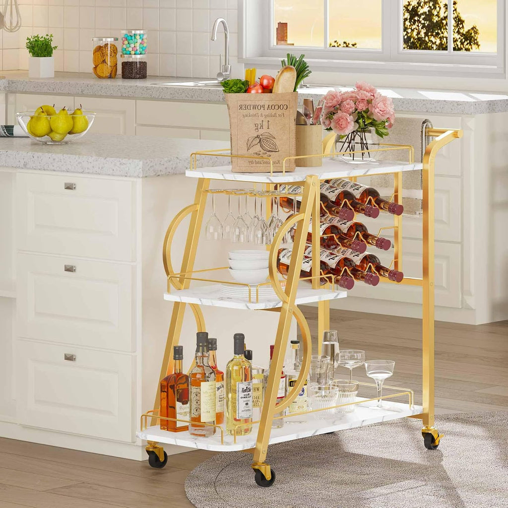 Bar Cart, Gold Bar Carts for The Home, Serving Cart with Wine Glass Holder, 3-Tier Drink Carts with Wheels, Rolling