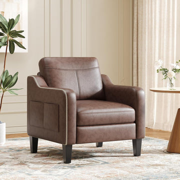 PU Leather Accent Chair, Mid-Century Modern Living Room Armchair Sofa with Removable Cushions, Solid Wood Frame &