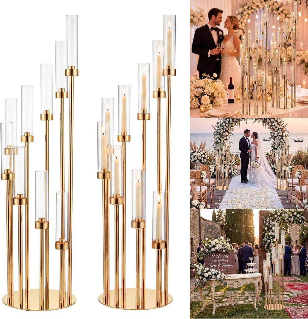 2 Pcs Extra High 50'' Floor Candelabra 9 Arm Gold Candle Holders Tall Floor Candle Holder with Acrylic