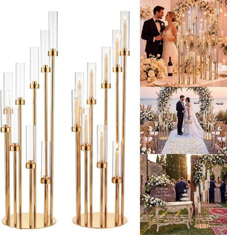 2 Pcs Extra High 50'' Floor Candelabra 9 Arm Gold Candle Holders Tall Floor Candle Holder with Acrylic