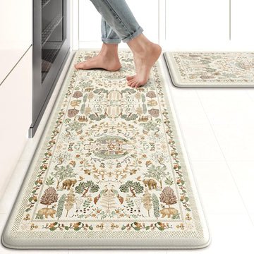 Anti Fatigue Kitchen Mats 17"x47"+17"x29", Vibrant Floral Kitchen Rugs Sets of 2, Cushioned Non Skid Kitchen Mats for