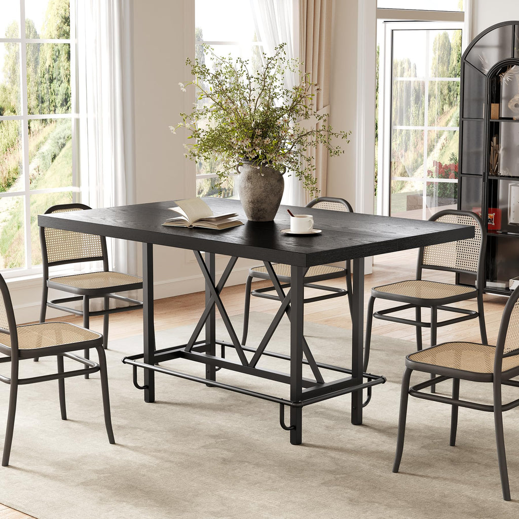 63-Inch Industrial Bar Table with Metal Footrest, Counter Height Pub Table Bar & Entertaining (Black)