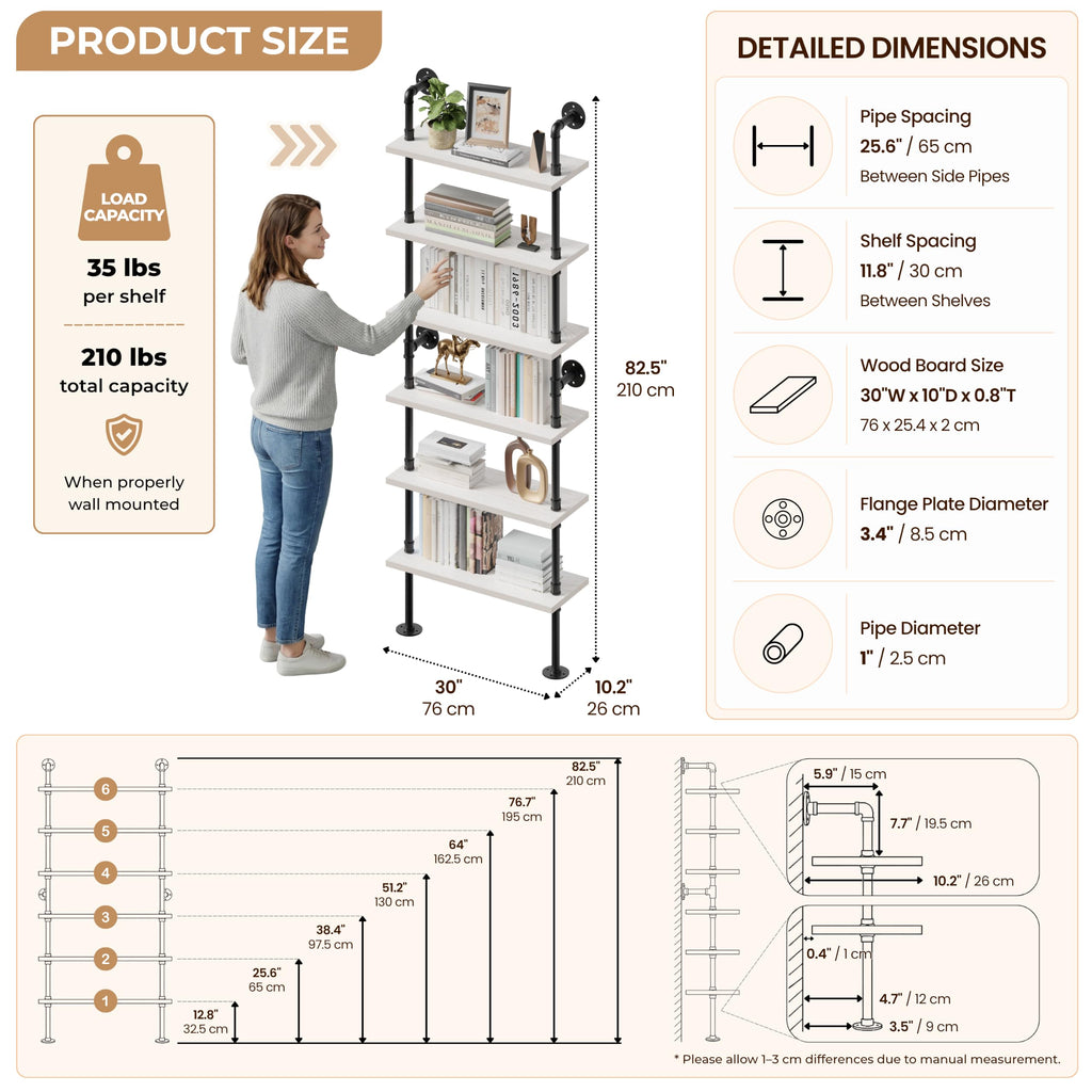 Industrial Pipe Bookshelf, Wall Mounted Shelf, 30 Inch, White