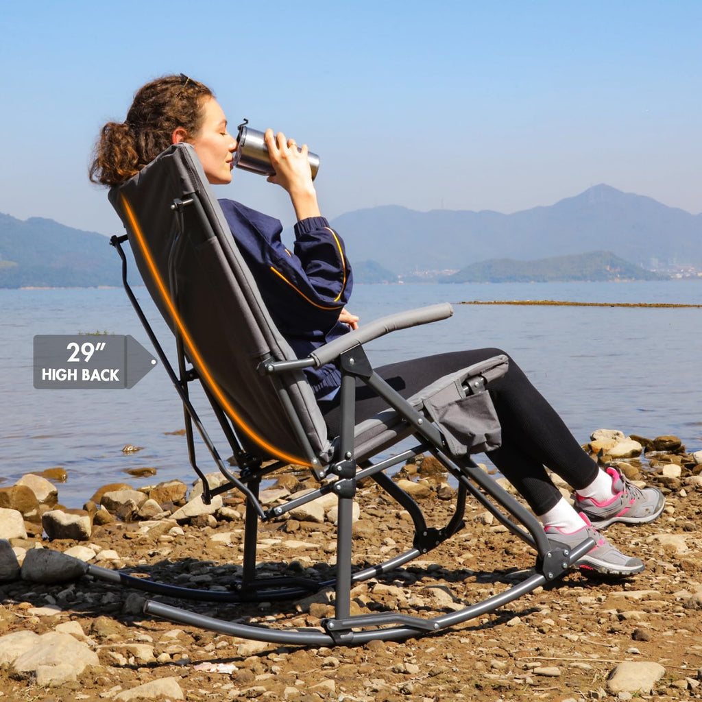 Oversized Padded Folding Rocking Camping Chair Outdoor 400 LBS Gray